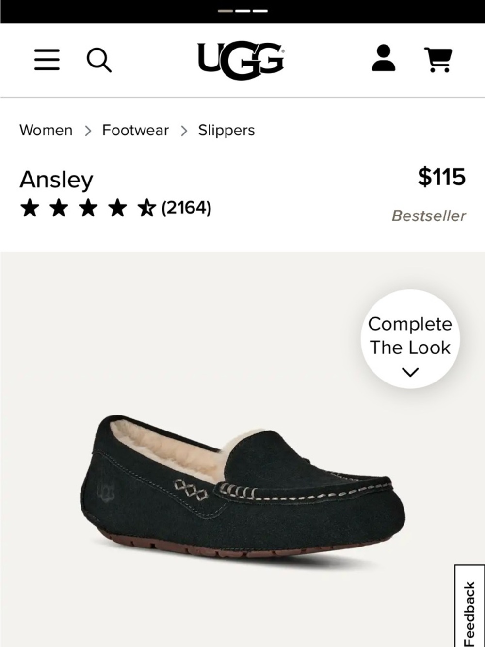 UGG Ansley Women's Black Suede Moccasin Slipper. Size 7 Standard